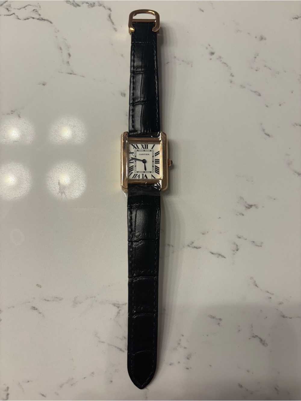 Tank-Style Square Watch with Black Leather Strap